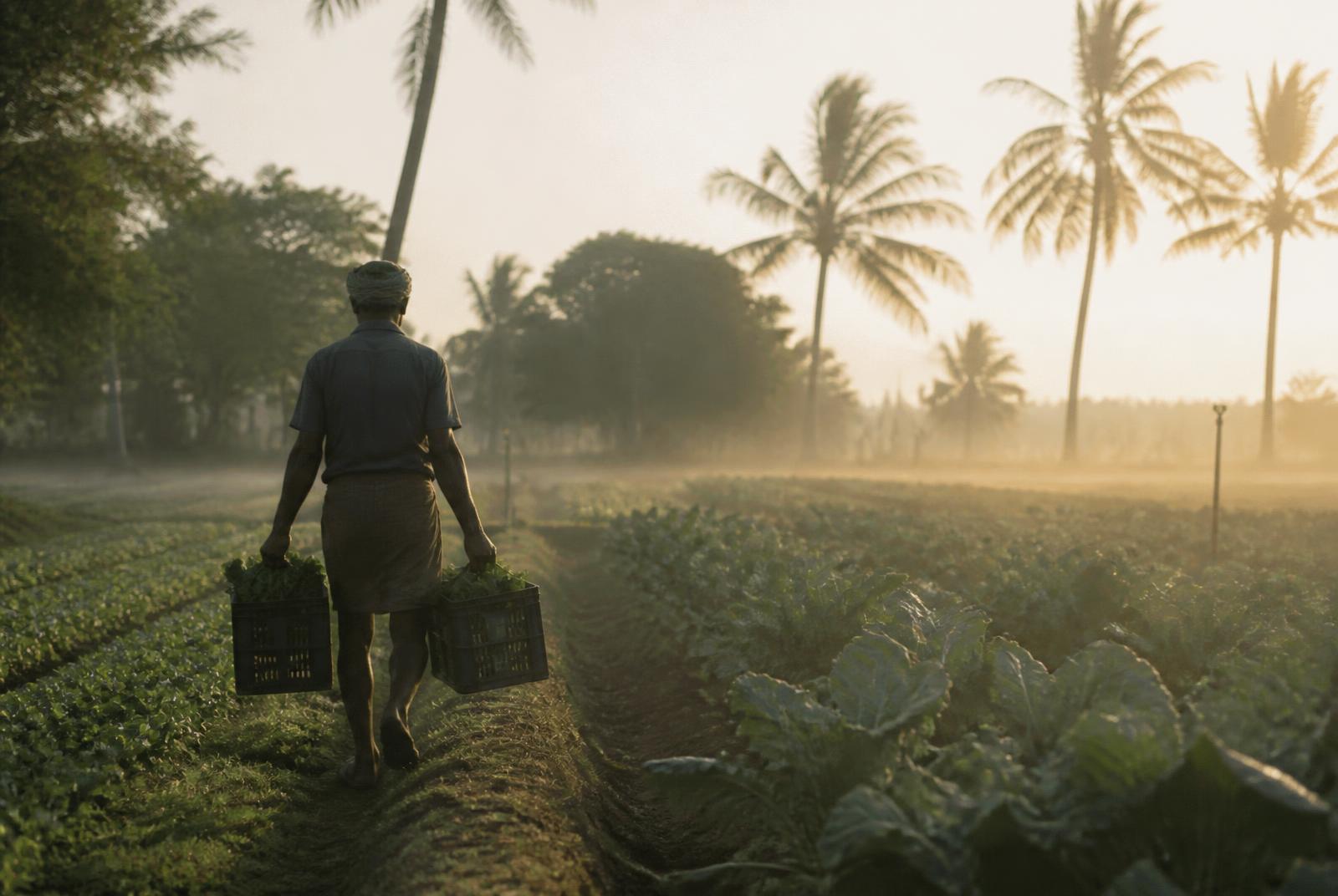 Farm workers harvesting vegetables at sunrise